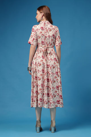 Close Up of Rayon Fabric Detail on All Over Printed Zipless Feeding Shirt Dress