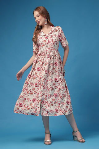 Stylish Off White Maternity Wear - All Over Printed Zipless Feeding Shirt Dress for New Moms