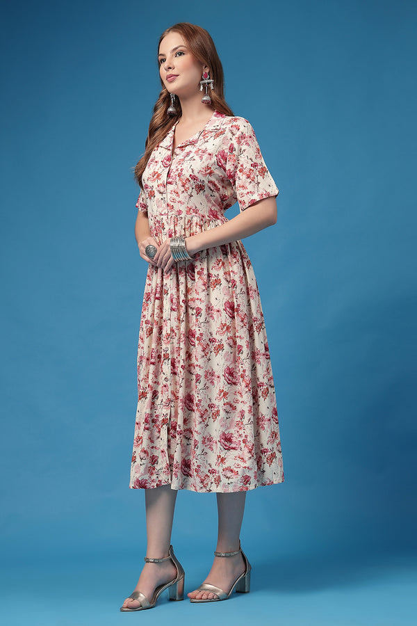All Over Printed Zipless Feeding Shirt Dress Front View - Off White Rayon Maternity Dress with Feeding Zips & Pockets
