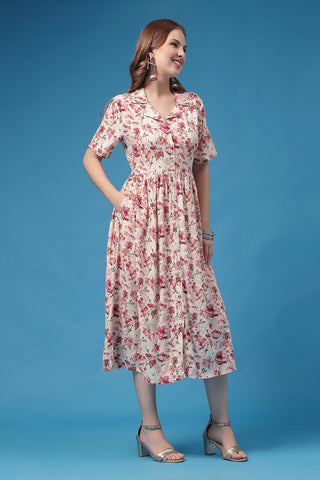 Soft Rayon Texture of All Over Printed Zipless Feeding Shirt Dress - Breathable & Comfy