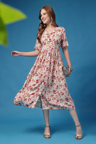 Woman wearing All Over Printed Zipless Feeding Shirt Dress in Off White - Pre & Post Pregnancy