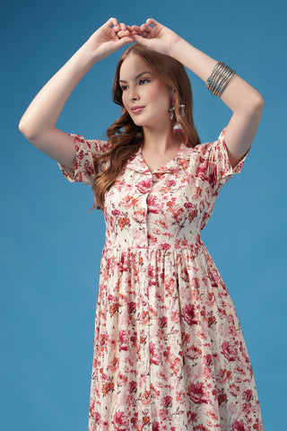 Elegant Off White Look of All Over Printed Zipless Feeding Shirt Dress - Perfect for Any Occasion