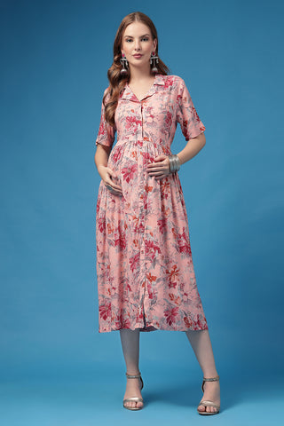 Back View of All Over Printed Zipless Feeding Shirt Dress - Flattering Silhouette for Pregnancy