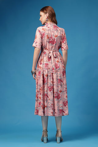 Close Up of Rayon Fabric Detail on All Over Printed Zipless Feeding Shirt Dress