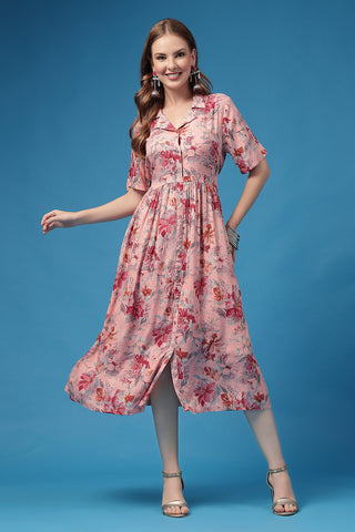 Woman wearing All Over Printed Zipless Feeding Shirt Dress in Pink - Pre & Post Pregnancy