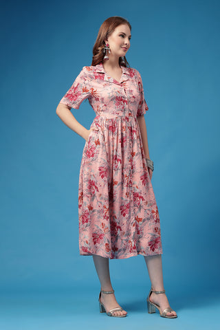 All Over Printed Zipless Feeding Shirt Dress Front View - Pink Rayon Maternity Dress with Feeding Zips & Pockets