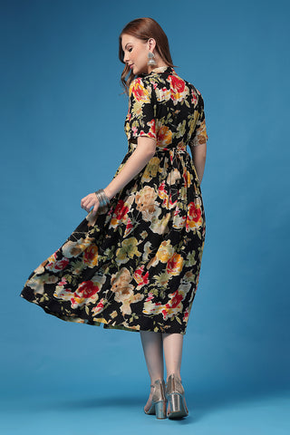 Close Up of Rayon Fabric Detail on All Over Printed Zipless Feeding Shirt Dress