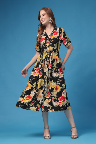 Stylish Black Maternity Wear - All Over Printed Zipless Feeding Shirt Dress for New Moms