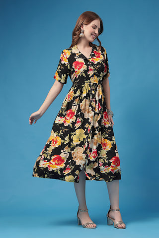 Woman wearing All Over Printed Zipless Feeding Shirt Dress in Black - Pre & Post Pregnancy