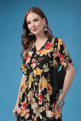 Elegant Black Look of All Over Printed Zipless Feeding Shirt Dress - Perfect for Any Occasion