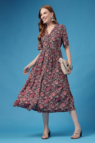 The Plum Paisley Zipless Feeding Shirtdress Front View - Stylish Soft Maternity Dress with Feeding Zips & Pockets