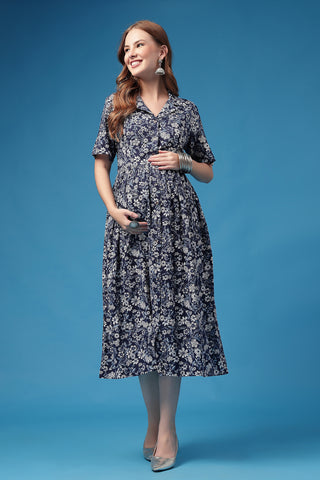 The Indigo Floral Zipless Feeding Shirtdress Front View - Indigo Soft Maternity Dress with Feeding Zips & Pockets