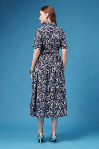 Close Up of Soft Fabric Detail on The Indigo Floral Zipless Feeding Shirtdress