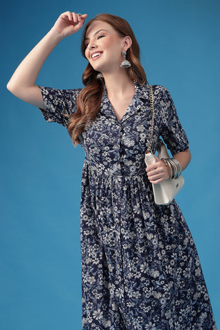Stylish Indigo Maternity Wear - The Indigo Floral Zipless Feeding Shirtdress for New Moms