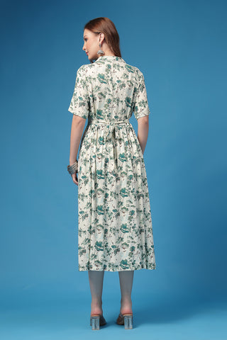 Close Up of Rayon Fabric Detail on All Over Floral Printed Zipless Feeding Shirt Dress