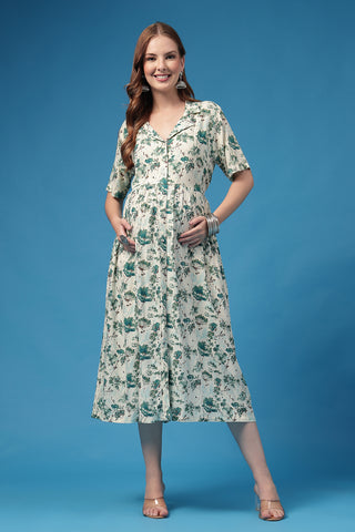 All Over Floral Printed Zipless Feeding Shirt Dress Front View - Sky Blue Rayon Maternity Dress with Feeding Zips