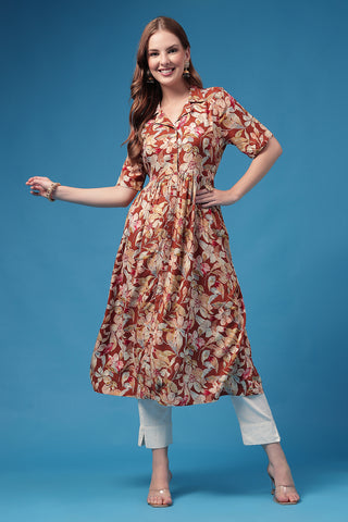 Stylish Red Maternity Wear - All Over Floral Printed Zipless Feeding Shirt Dress for New Moms
