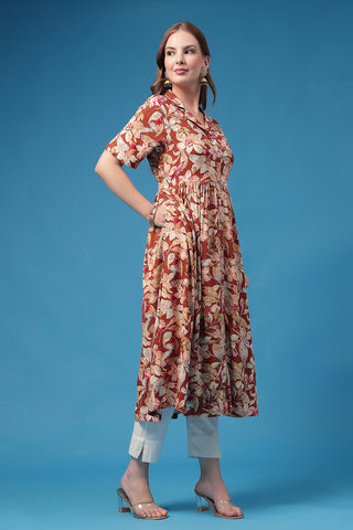 Woman wearing All Over Floral Printed Zipless Feeding Shirt Dress in Red - Pre & Post Pregnancy