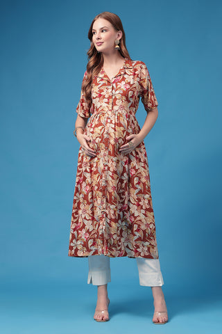 Back View of All Over Floral Printed Zipless Feeding Shirt Dress - Flattering Silhouette for Pregnancy