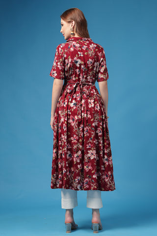 Close Up of Rayon Fabric Detail on All Over Printed Zipless Feeding Shirt Dress