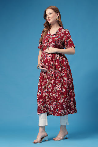 Back View of All Over Printed Zipless Feeding Shirt Dress - Flattering Silhouette for Pregnancy