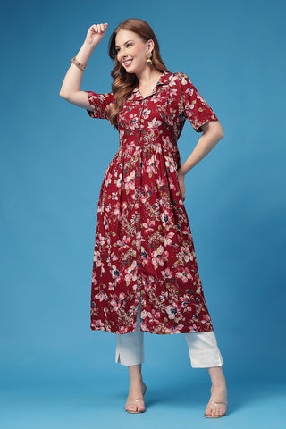 All Over Printed Zipless Feeding Shirt Dress Front View - Dark Maroon Rayon Maternity Dress with Feeding Zips & Pockets
