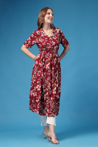 Woman wearing All Over Printed Zipless Feeding Shirt Dress in Dark Maroon - Pre & Post Pregnancy