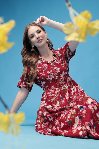 Stylish Dark Maroon Maternity Wear - All Over Printed Zipless Feeding Shirt Dress for New Moms