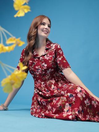 Elegant Dark Maroon Look of All Over Printed Zipless Feeding Shirt Dress - Perfect for Any Occasion