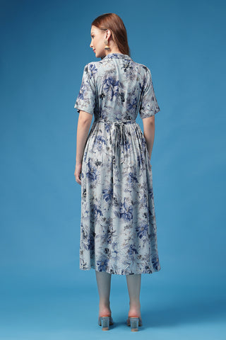 Close Up of Rayon Fabric Detail on All Over Printed Zipless Feeding Shirt Dress