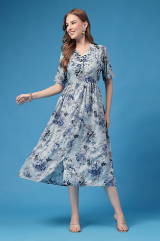 Soft Rayon Texture of All Over Printed Zipless Feeding Shirt Dress - Breathable & Comfy