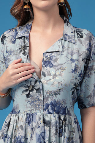 Side Profile of Sky Blue Nursing Dress showing Feeding Zips & Pockets & Fit