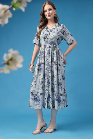 All Over Printed Zipless Feeding Shirt Dress Front View - Sky Blue Rayon Maternity Dress with Feeding Zips & Pockets
