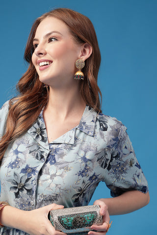 Stylish Sky Blue Maternity Wear - All Over Printed Zipless Feeding Shirt Dress for New Moms