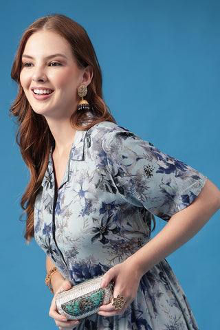 Elegant Sky Blue Look of All Over Printed Zipless Feeding Shirt Dress - Perfect for Any Occasion