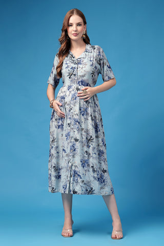 Back View of All Over Printed Zipless Feeding Shirt Dress - Flattering Silhouette for Pregnancy