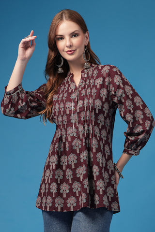Plum Pleated Top; print offers style and comfortable fit for daily wear.