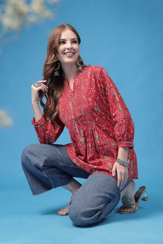 Red Top Print; detailed pattern enhances the garment design.