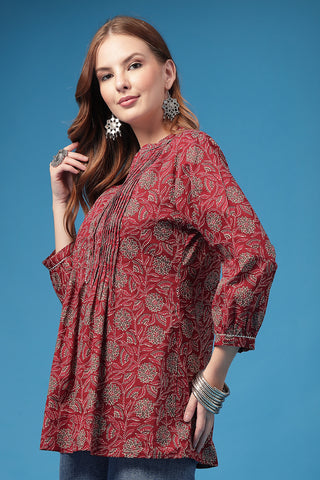 Burgundy Top print; all over pattern enhances the garment design.