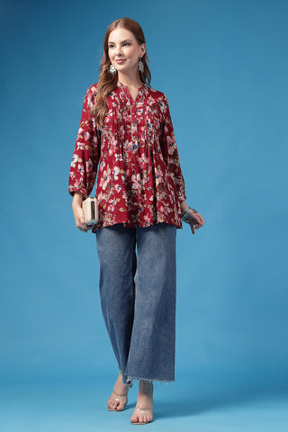 Dark Maroon Pleated Top; comfortable pleats are suitable for wear during pregnancy and nursing.