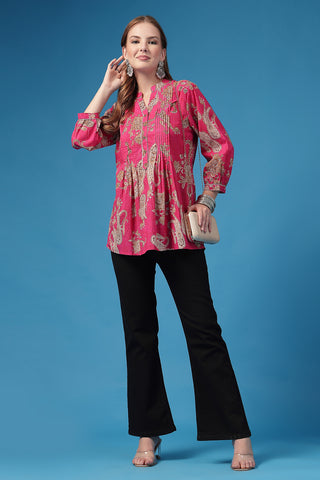Model wearing Fuchsia Pleated Top; back view shows garment length and coverage.