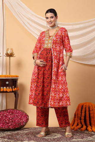 Crimson Red Patola Grace Festive Maternity Feeding Suit Set