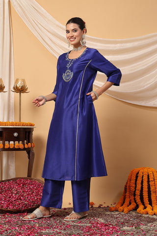 Majestic Blue Golden Splendor Maternity Feeding Kurta Set