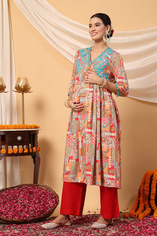 Joyous Orange paisley patchwork Printed Maternity Feeding Suit Set