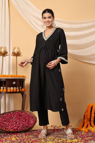 Elegant Black Festive Glow Maternity Feeding Suit Set