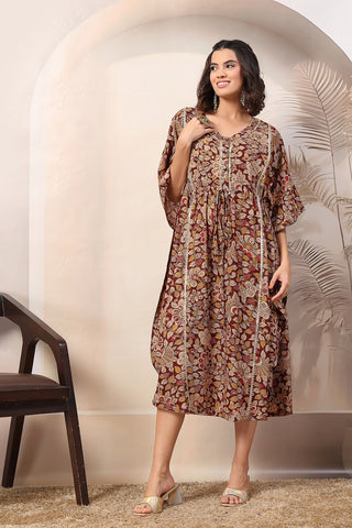 Maroon Enchanting Floral Zipless Feeding Maternity Kaftan