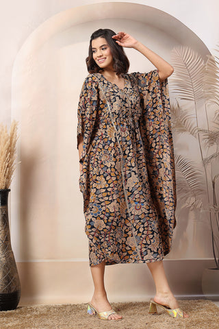 Navy Blue Enchanting Floral Zipless Feeding Maternity Kaftan