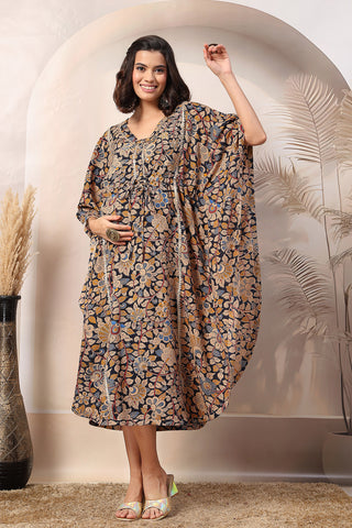 Navy Blue Enchanting Floral Zipless Feeding Maternity Kaftan