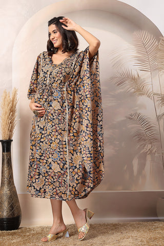 Navy Blue Enchanting Floral Zipless Feeding Maternity Kaftan