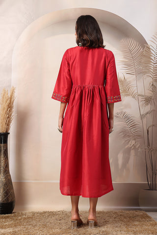 Scarlet Blossom Maternity Feeding Dress with Embroidered Yoke